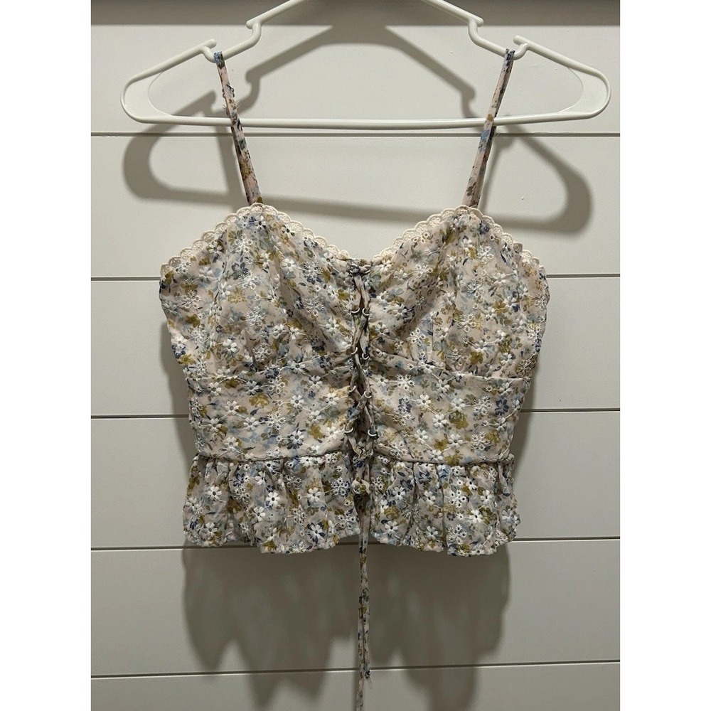 Wild Fable Floral Lace Up Cami Sz S Romantic Peplum Hem Scallop Boho Cottagecore